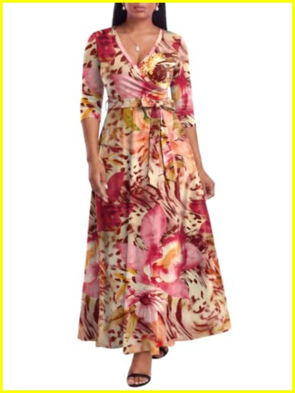 Plus Size Maxi Dress Women Casual Summer V-Neck 3/4 Sleeve with Pockets